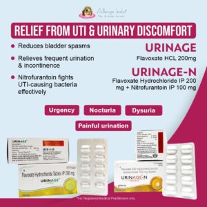 Urinage range by Allenge India – urology product lineup for PCD pharma franchise.