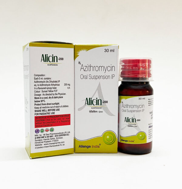 Alicin-100 ,allengeindia, ALICIN (Azithromycin) is a broad-spectrum antibiotic used to treat respiratory infections, skin conditions, and STIs like chlamydia.