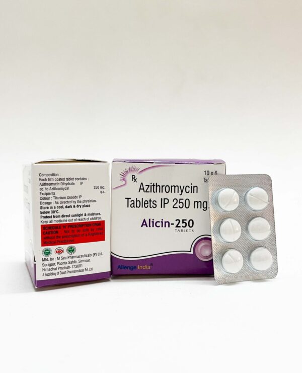 Alicin-100 ,allengeindia, ALICIN (Azithromycin) is a broad-spectrum antibiotic used to treat respiratory infections, skin conditions, and STIs like chlamydia.