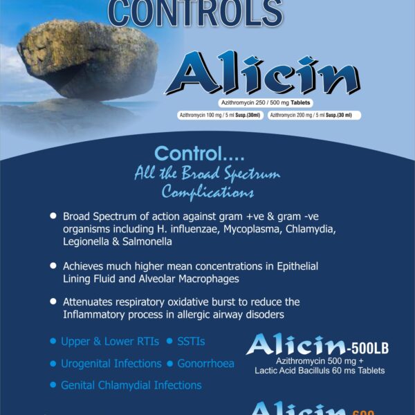 Alicin-100 ,allengeindia, ALLENGE INDIA PAMCHKULA, ALICIN (Azithromycin) is a broad-spectrum antibiotic used to treat respiratory infections, skin conditions, and STIs like chlamydia.