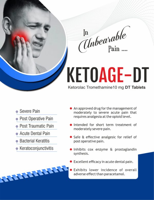 Ketoage-DT Tablets – Ketorolac Tromethamine 10 mg dispersible pain relief medicine by [Your Company Name], packed in 10x15 Alu-Alu blister.