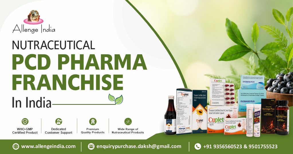 Nutraceutical PCD pharma franchise in India banner by Allenge India (Zodak Healthcare), an ISO certified pharmaceutical company in India and WHO-GMP pharma manufacturer. Highlights include WHO-GMP certified products, dedicated customer support, premium quality nutraceutical products, and a wide range of nutraceutical offerings. Ideal for entrepreneurs seeking a pharmaceutical marketing company India and PCD pharma franchise company India. A trusted third party pharmaceutical manufacturing India partner based in Panchkula, Haryana.